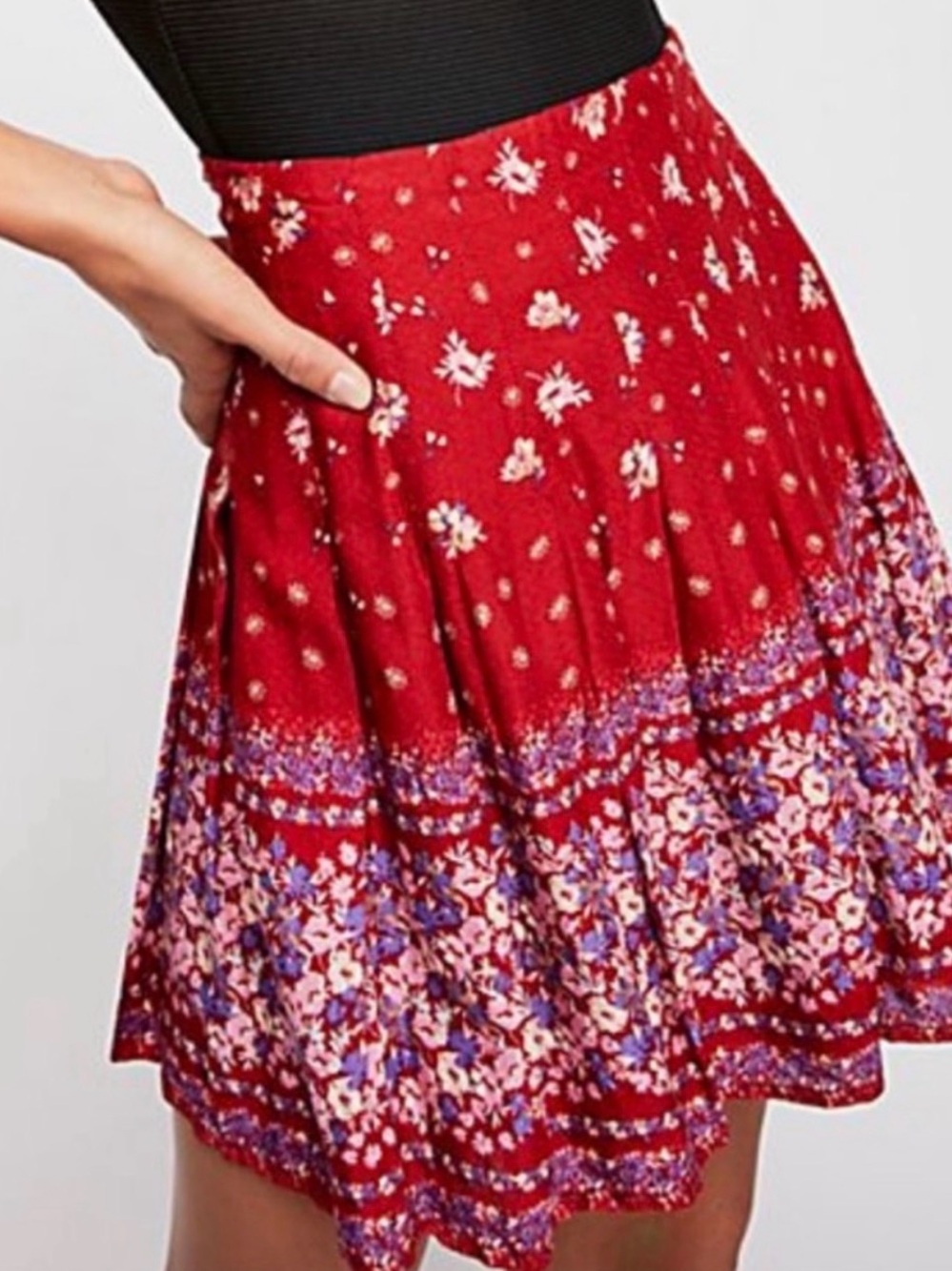 Free People Red Floral Border Skater Skirt, size 12, Pleats, Mini
